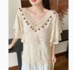 Womens Fashion Embroidered Hollow Lace Short-Sleeve Shirt - Image 7