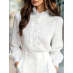 Womens Solid-Color French-Elegant Ruffle-Trimmed Shirt - Image 3