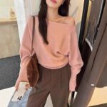 Korean-style Elegant Red Long-sleeve Knit Top With A Slanted Shoulder Design - Image 9