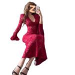 Red V-neck Lace Hollow-out Long-sleeve Dress - Image 6