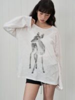 Off-the-shoulder Tunic With A Sika Deer Print Slightly Sheer Loose-fitting And Relaxed-style Long-sleeve T-shirt - Image 4