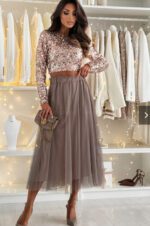 Womens Sequin Long-sleeve Top With A Mesh Pleated Puff Skirt - Image 6