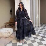 Long-sleeve Hollow-out Mesh Patchwork Dress With Lantern Sleeves - Image 6