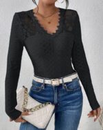 Solid-color V-neck Lace-panel Long-sleeve T-shirt Top For Womenelegant Style - Image 2