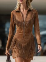 Womens Fashionable Casual Denim Long-Sleeve Dress With Tassels - Image 4