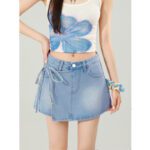 High-waisted Slimming Instagram-style Denim Skirt With Tie Details - Image 7