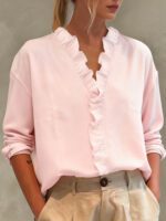 Womens Casual Long-sleeve V-neck Blouse With Lace Trim - Image 3