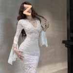 Red V-neck Lace Hollow-out Long-sleeve Dress - Image 7