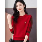 Womens Casual Outfit Round-neck Color-block Sweater Loose-fitting Cropped Knit Top - Image 2
