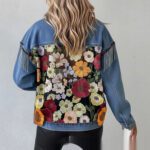 Blue Casual Denim Jacket With Embroidered Floral Lace Panels And A Turn Down Collar - Image 7