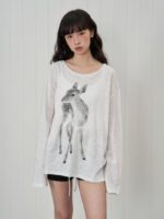Off-the-shoulder Tunic With A Sika Deer Print Slightly Sheer Loose-fitting And Relaxed-style Long-sleeve T-shirt - Image 5