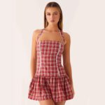 Neck-hanging Ruffled Cake-style Mini Dress With A Lace-trimmed Plaid Design