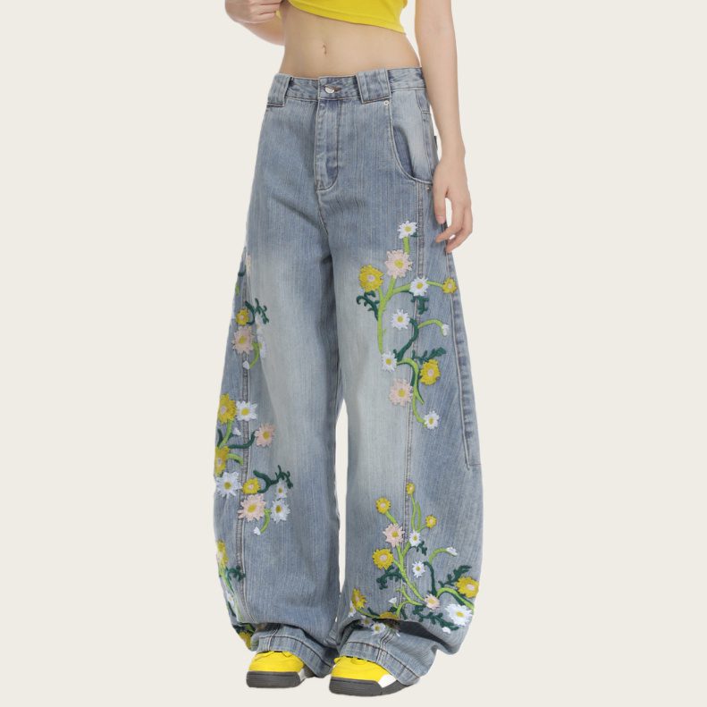 505fd9f4-cef8-4849-a2fa-b7de49ea9a5a.jpg Plant And Floral Embroidered Curved Jeans - Image 1