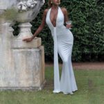 Solid Color Elegant Halter Deep V Waist-slimming Long Dress - Image 3