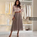 Womens Sequin Long-sleeve Top With A Mesh Pleated Puff Skirt - Image 2