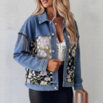 Blue Casual Denim Jacket With Embroidered Floral Lace Panels And A Turn Down Collar - Image 2