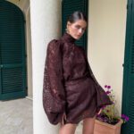 Womens Fashion Two-Piece Set Lantern-Sleeve Turtleneck Lace Top And Bottom - Image 4