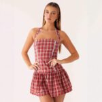 Neck-hanging Ruffled Cake-style Mini Dress With A Lace-trimmed Plaid Design - Image 4