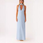 Womens Floral Halterneck Deep V-Neck Backless Bodycon Maxi Dress