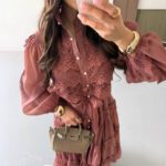 Long-sleeve Hollow-out Mesh Patchwork Dress With Lantern Sleeves - Image 2
