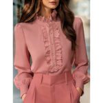 Womens Solid-Color French-Elegant Ruffle-Trimmed Shirt - Image 7
