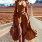 Womens Long-Sleeve Retro Western Solid-Color Dress Without Belt - Image 6