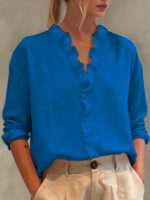 Womens Casual Long-sleeve V-neck Blouse With Lace Trim - Image 2