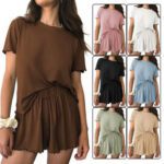 Relaxed Casual Cre Neck Short Sleeve Top And Shorts Set