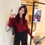 Korean-style Elegant Red Long-sleeve Knit Top With A Slanted Shoulder Design - Image 10