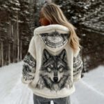 Retro-print Womens Hooded Faux-knit Hoodie