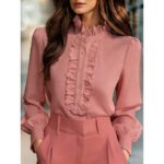 Womens Solid-Color French-Elegant Ruffle-Trimmed Shirt - Image 5