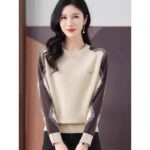 Womens Casual Outfit Round-neck Color-block Sweater Loose-fitting Cropped Knit Top - Image 3