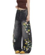 Plant And Floral Embroidered Curved Jeans - Image 4