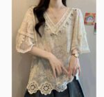 Womens Fashion Embroidered Hollow Lace Short-Sleeve Shirt - Image 5