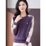 Womens Casual Outfit Round-neck Color-block Sweater Loose-fitting Cropped Knit Top - Image 5