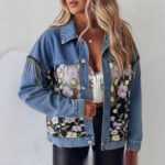Blue Casual Denim Jacket With Embroidered Floral Lace Panels And A Turn Down Collar