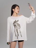 Off-the-shoulder Tunic With A Sika Deer Print Slightly Sheer Loose-fitting And Relaxed-style Long-sleeve T-shirt - Image 6