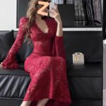 Red V-neck Lace Hollow-out Long-sleeve Dress