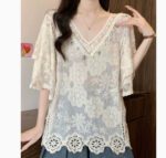 Womens Fashion Embroidered Hollow Lace Short-Sleeve Shirt - Image 8