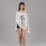 Off-the-shoulder Tunic With A Sika Deer Print Slightly Sheer Loose-fitting And Relaxed-style Long-sleeve T-shirt