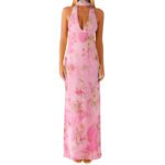 Womens Floral Halterneck Deep V-Neck Backless Bodycon Maxi Dress - Image 4