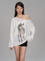 Off-the-shoulder Tunic With A Sika Deer Print Slightly Sheer Loose-fitting And Relaxed-style Long-sleeve T-shirt - Image 2