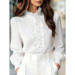 Womens Solid-Color French-Elegant Ruffle-Trimmed Shirt - Image 2