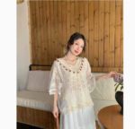 Womens Fashion Embroidered Hollow Lace Short-Sleeve Shirt - Image 3