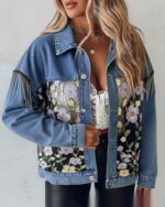 Blue Casual Denim Jacket With Embroidered Floral Lace Panels And A Turn Down Collar - Image 5