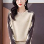 Womens Casual Outfit Round-neck Color-block Sweater Loose-fitting Cropped Knit Top
