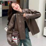 Womens Cropped American Retro Coffee-colored Leather Biker Jacket - Image 3
