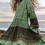 Womens Loose Versatile Retro Cable-Knit Long-Sleeve Dress