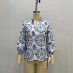 Patterned Stand-up Collar Button-up Top Casual Shirt - Image 5