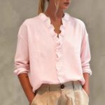 Womens Casual Long-sleeve V-neck Blouse With Lace Trim - Image 10